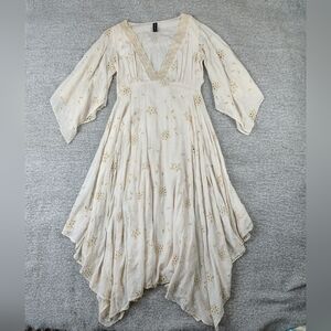 Sacred Threads Asymmetrical Cream Dress  Hippie Bohemian Small Eyelet